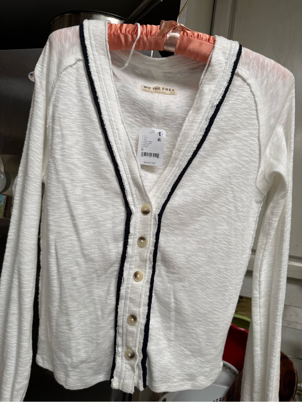 We The Free White Button-Front Cardigan with Black Trim